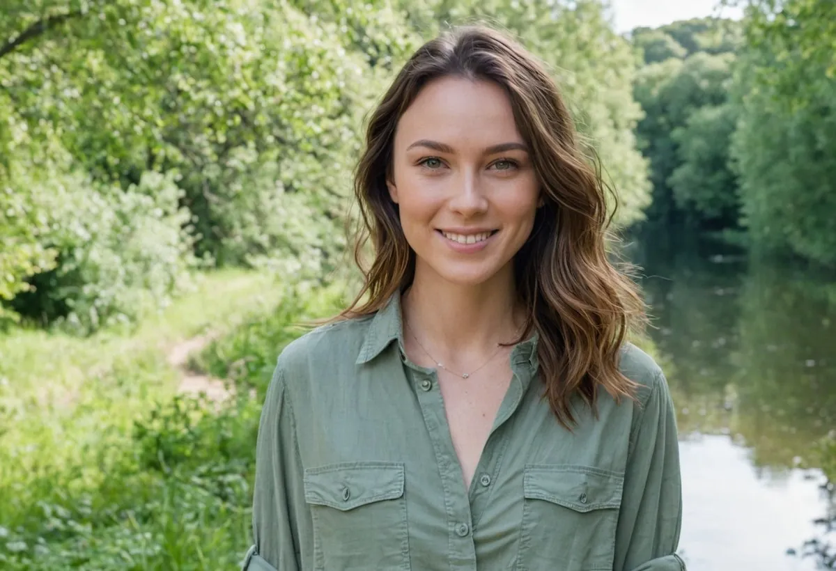 Jeune femme brune en chemise vert sauge, souriante au bord d'une rivière