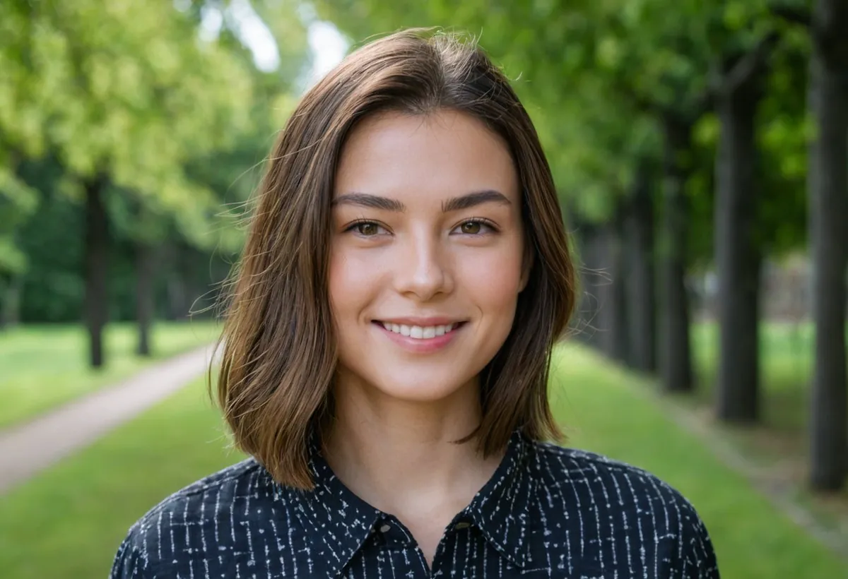 Femme brune au carré, chemise noire à motifs, souriante dans une allée d'arbres