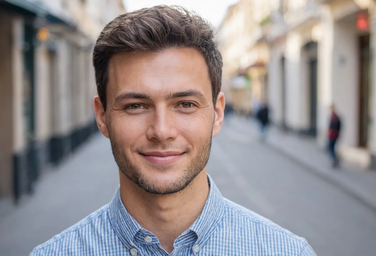 Homme en chemise à fines rayures bleues, léger sourire, dans une rue animée