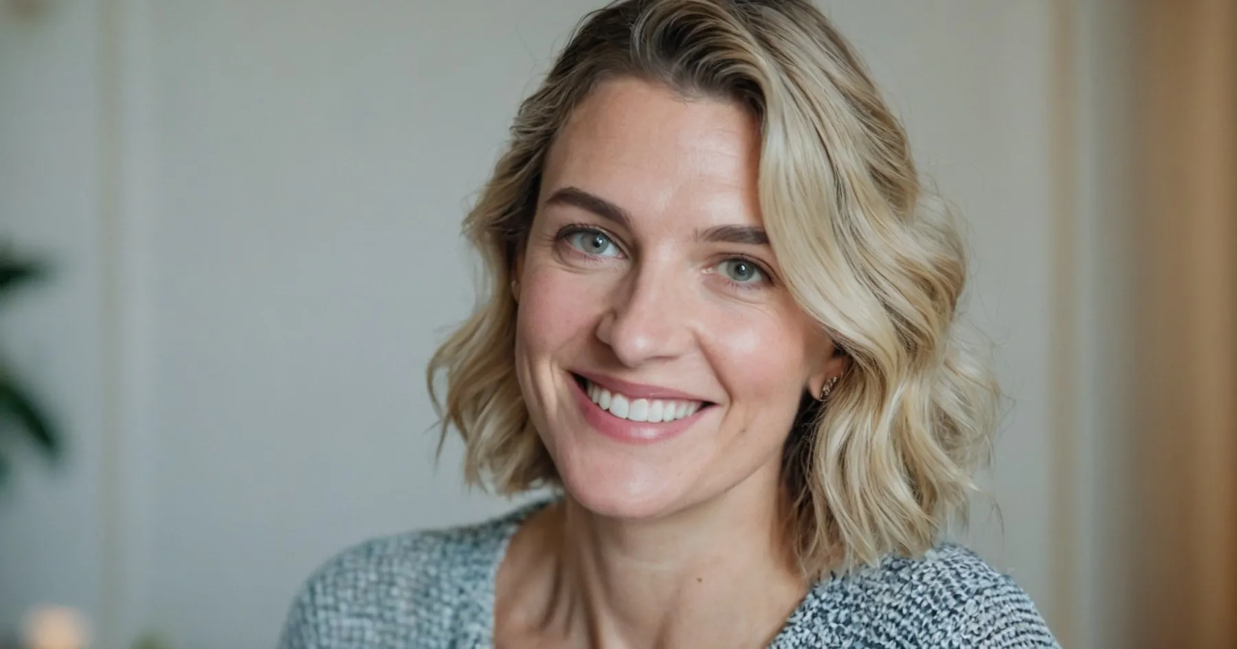 Femme blonde aux cheveux ondulés, haut en tweed gris, qui sourit largement