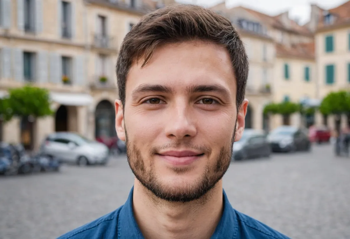 Homme barbu en chemise bleue, sourire tranquille, sur une place pavée bordée de voitures