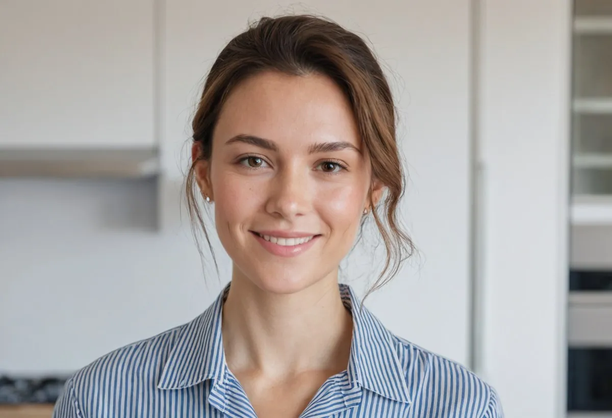 Femme brune aux cheveux relevés, chemise rayée bleu et blanc, souriante dans une cuisine claire