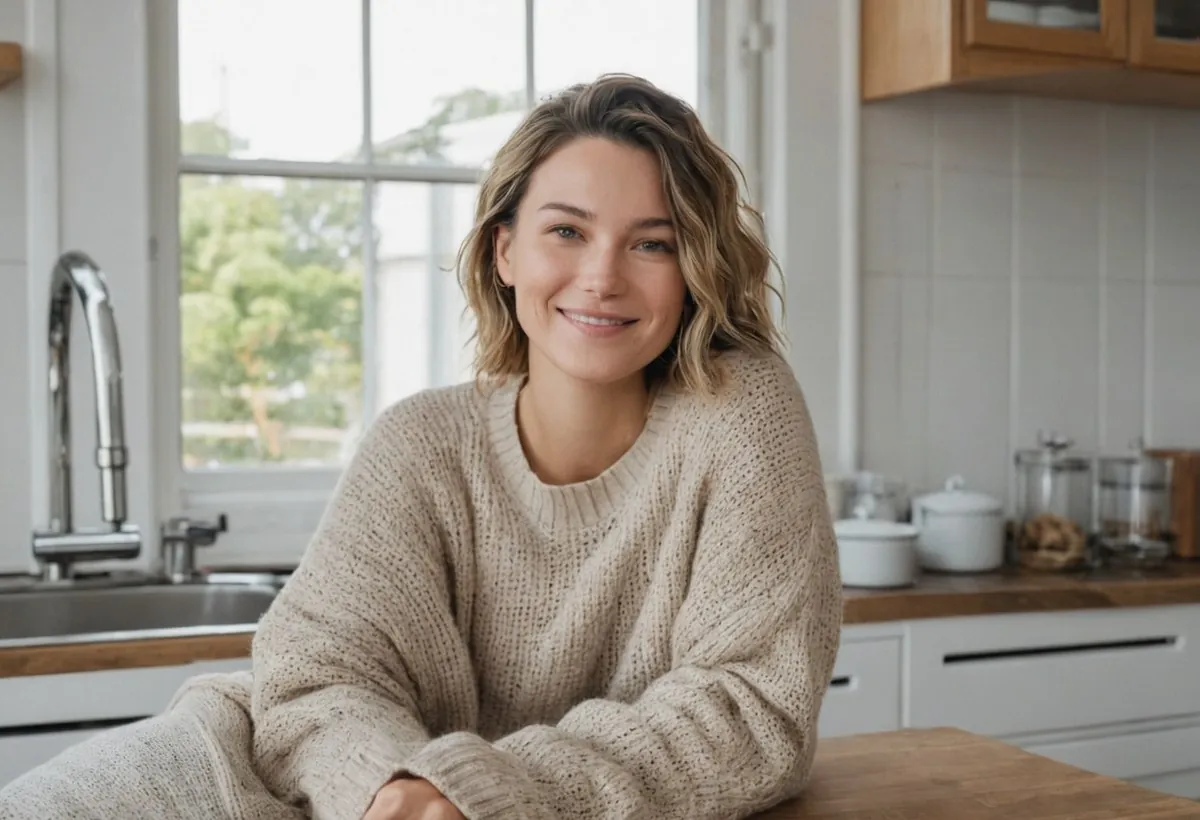 Femme aux cheveux courts ondulés, grand pull beige, souriante dans une cuisine
