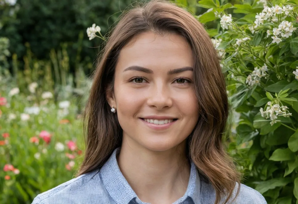 Jeune femme brune souriante devant un jardin fleuri aux fleurs roses et blanches