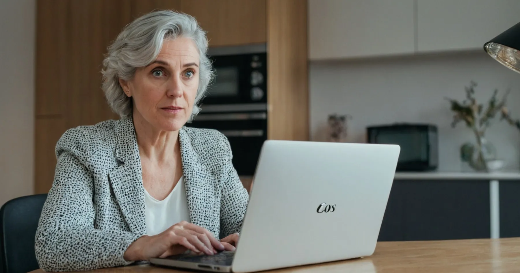 Femme aux cheveux gris, le regard attentif, devant un ordinateur portable dans une cuisine