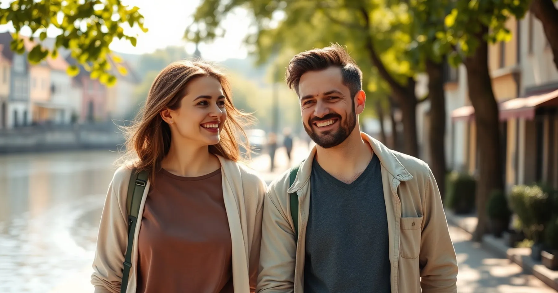 Un couple souriant qui marche le long d'un cours d'eau, sous les arbres, dans la lumière du matin