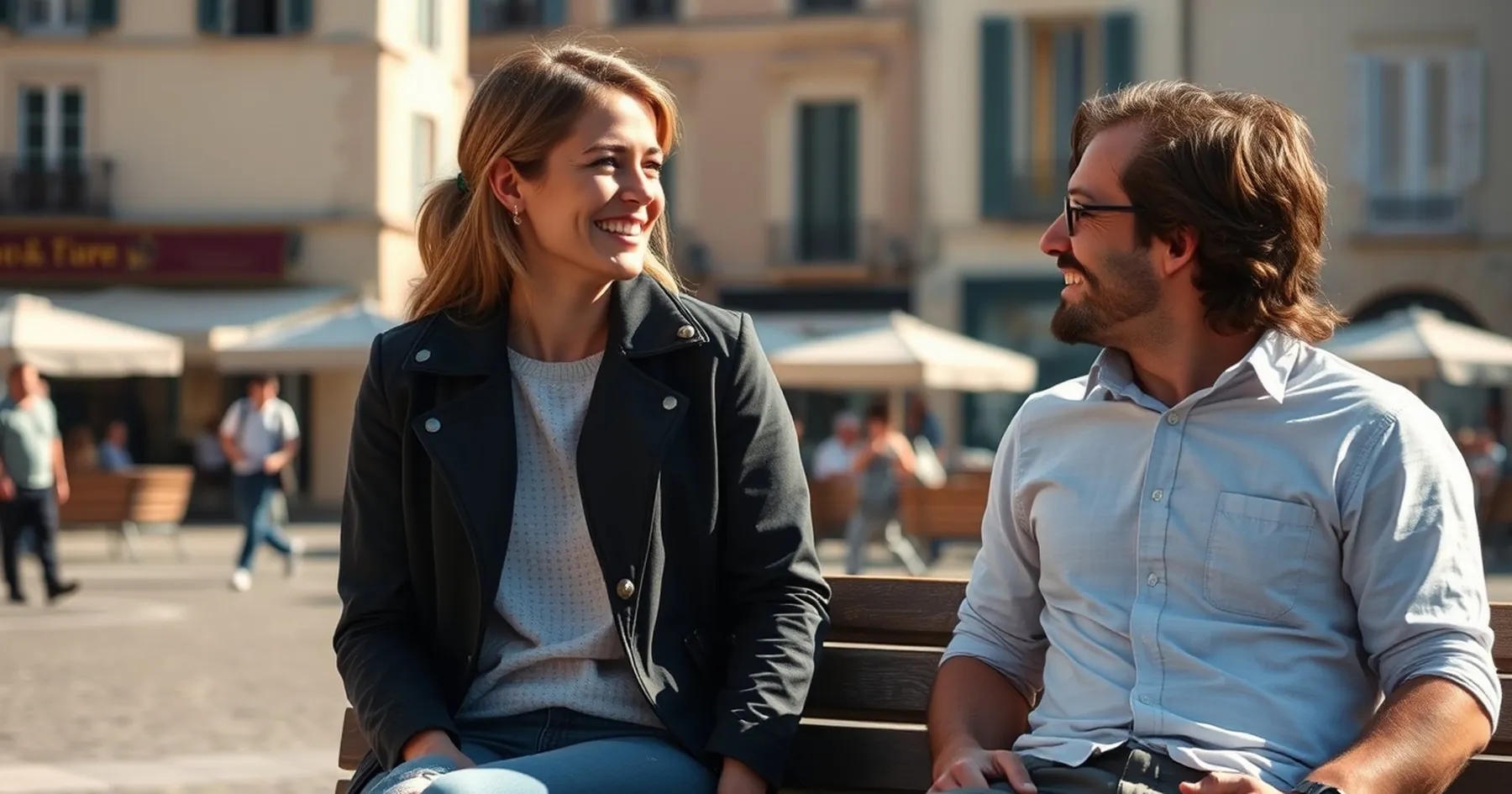 Une femme et un homme assis sur un banc se regardent en souriant sur une place ensoleillée