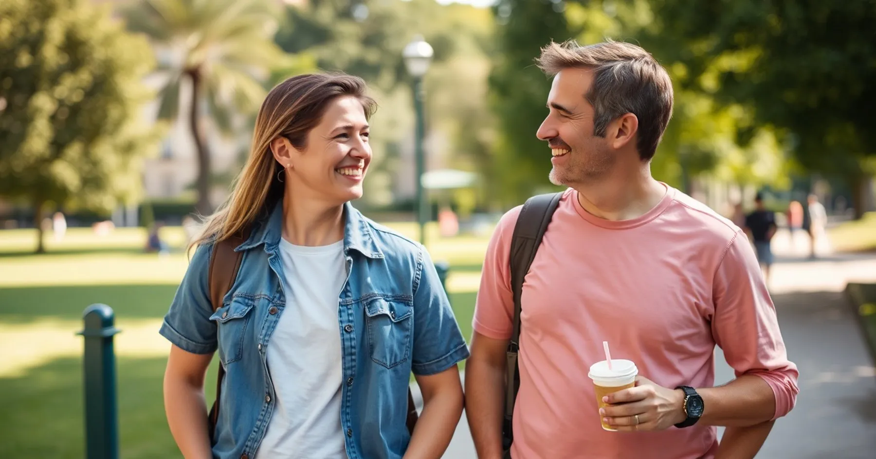 Un couple se regarde en riant en se promenant dans un parc, un café à la main