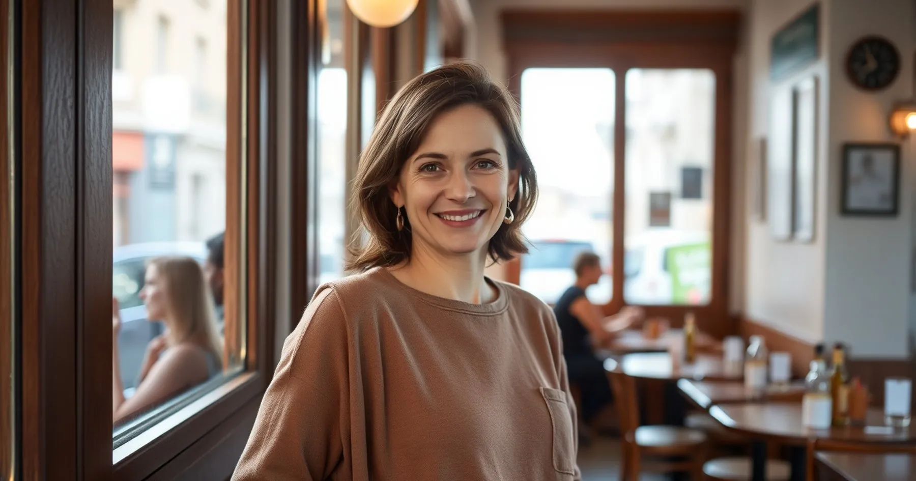 Une femme brune aux cheveux mi-longs souriante, debout dans un café lumineux près d'une fenêtre