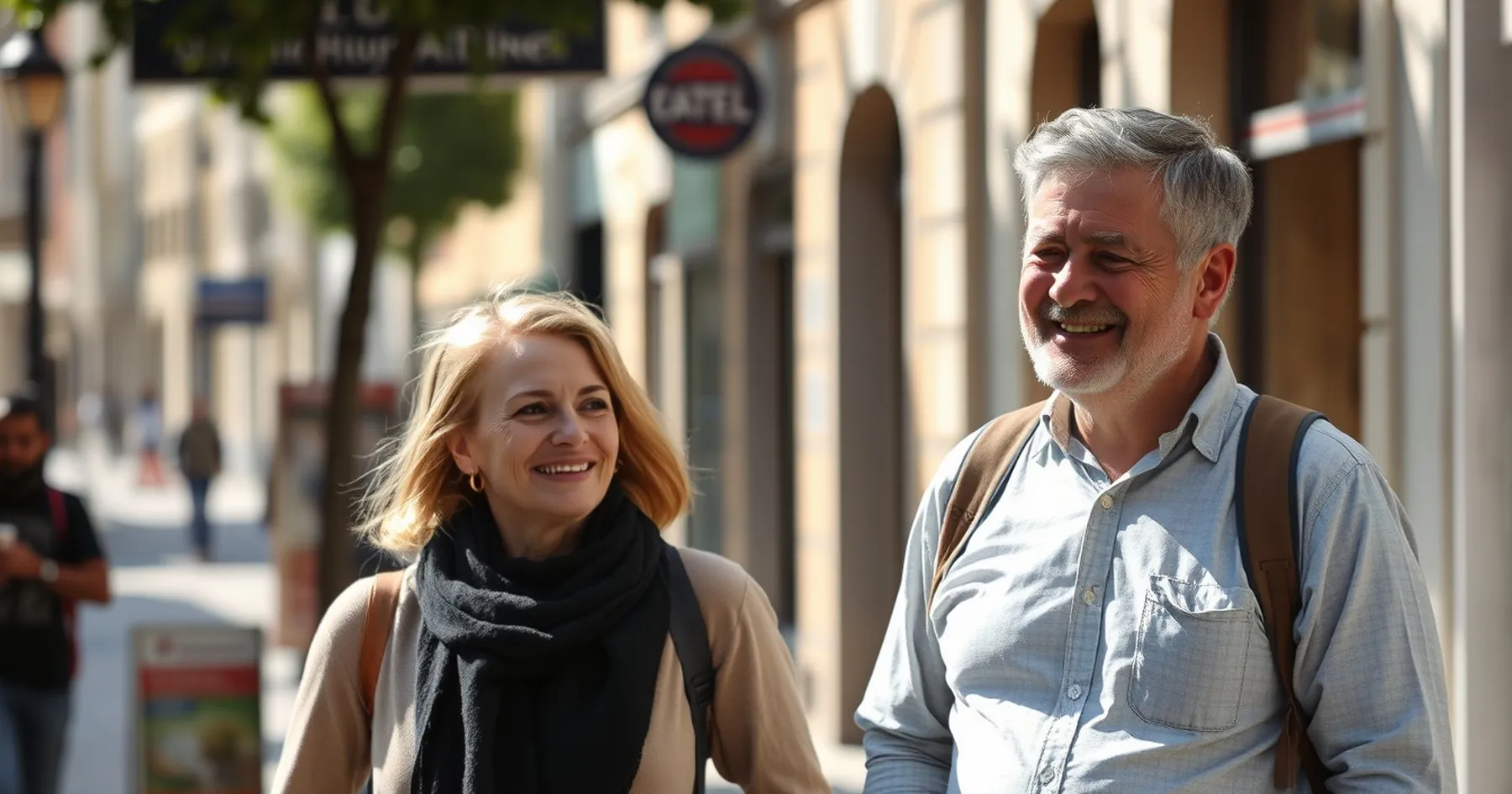 Un homme aux cheveux gris et une femme blonde sourient en marchant dans une rue animée