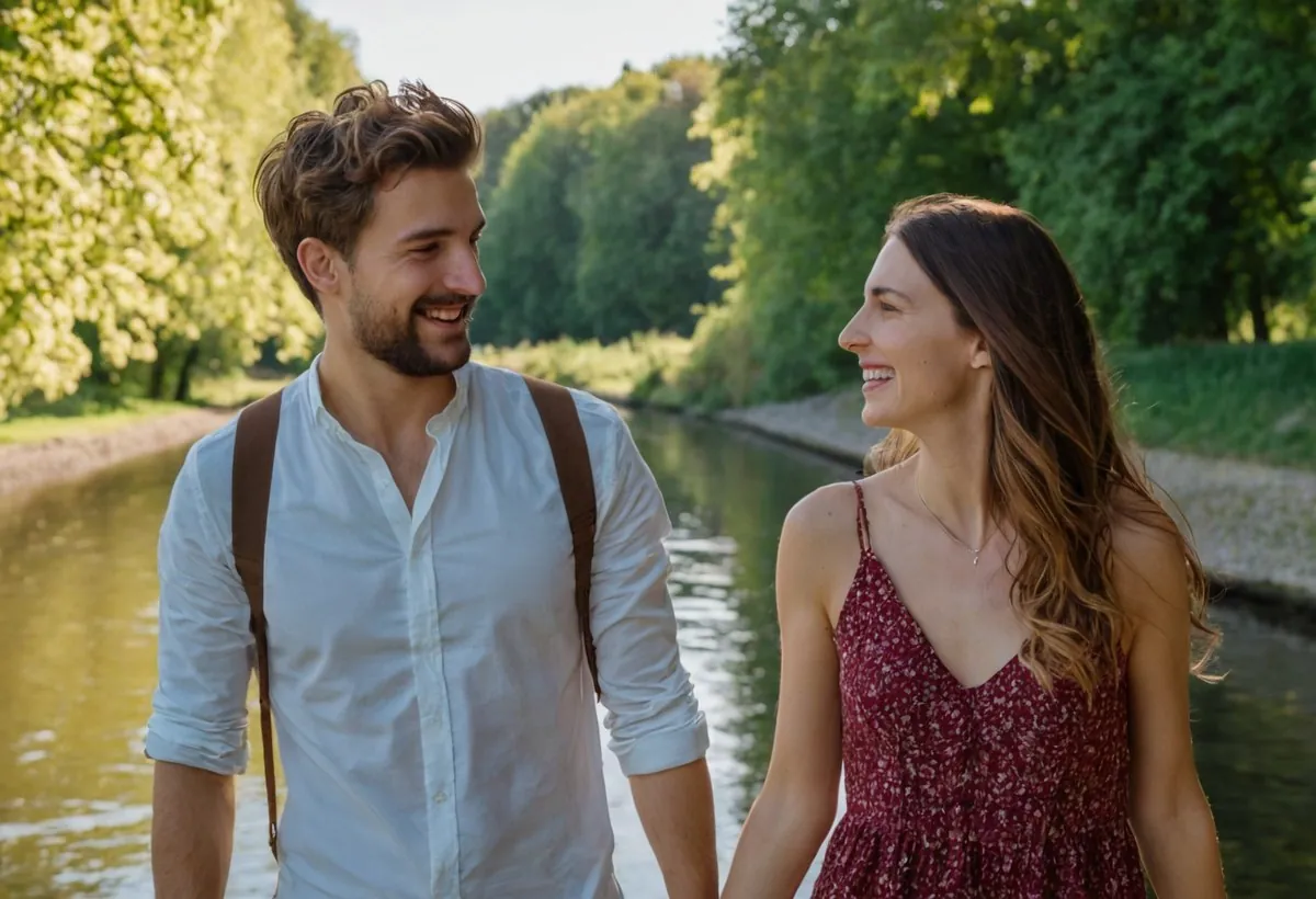 Un homme en chemise blanche à bretelles et une femme en robe bordeaux se sourient au bord d'une rivière à Toulouse