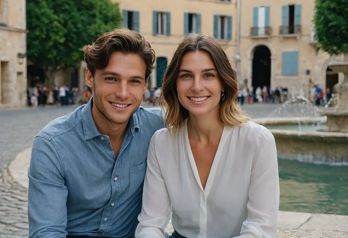 Un homme en chemise en jean et une femme en chemisier blanc assis près d'une fontaine, sur une place ocre à Nice
