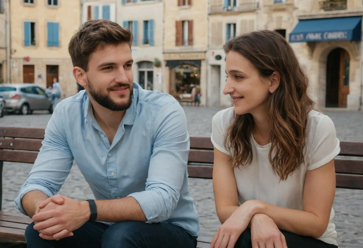 Un homme barbu et une femme brune assis sur un banc se regardent en souriant sur une place pavée à Lille
