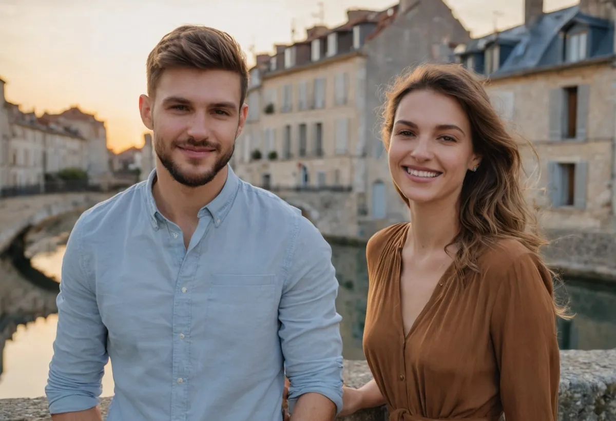 Un homme et une femme en robe cuivrée posent en souriant sur un pont de pierre au coucher du soleil au Mans