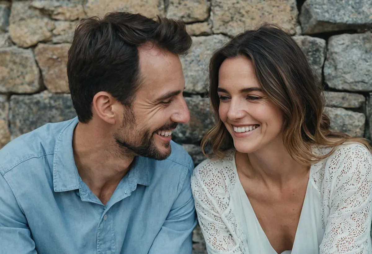 Un homme barbu et une femme aux cheveux ondulés rient en se regardant, assis devant un mur de pierre à Montpellier