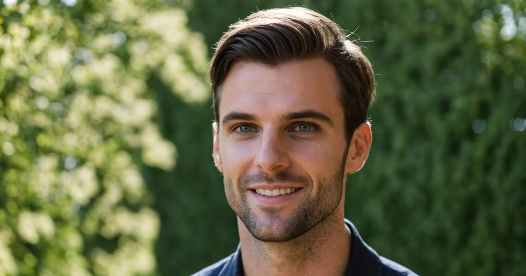 Un homme brun au sourire franc, en plein air devant un feuillage vert baigné de soleil