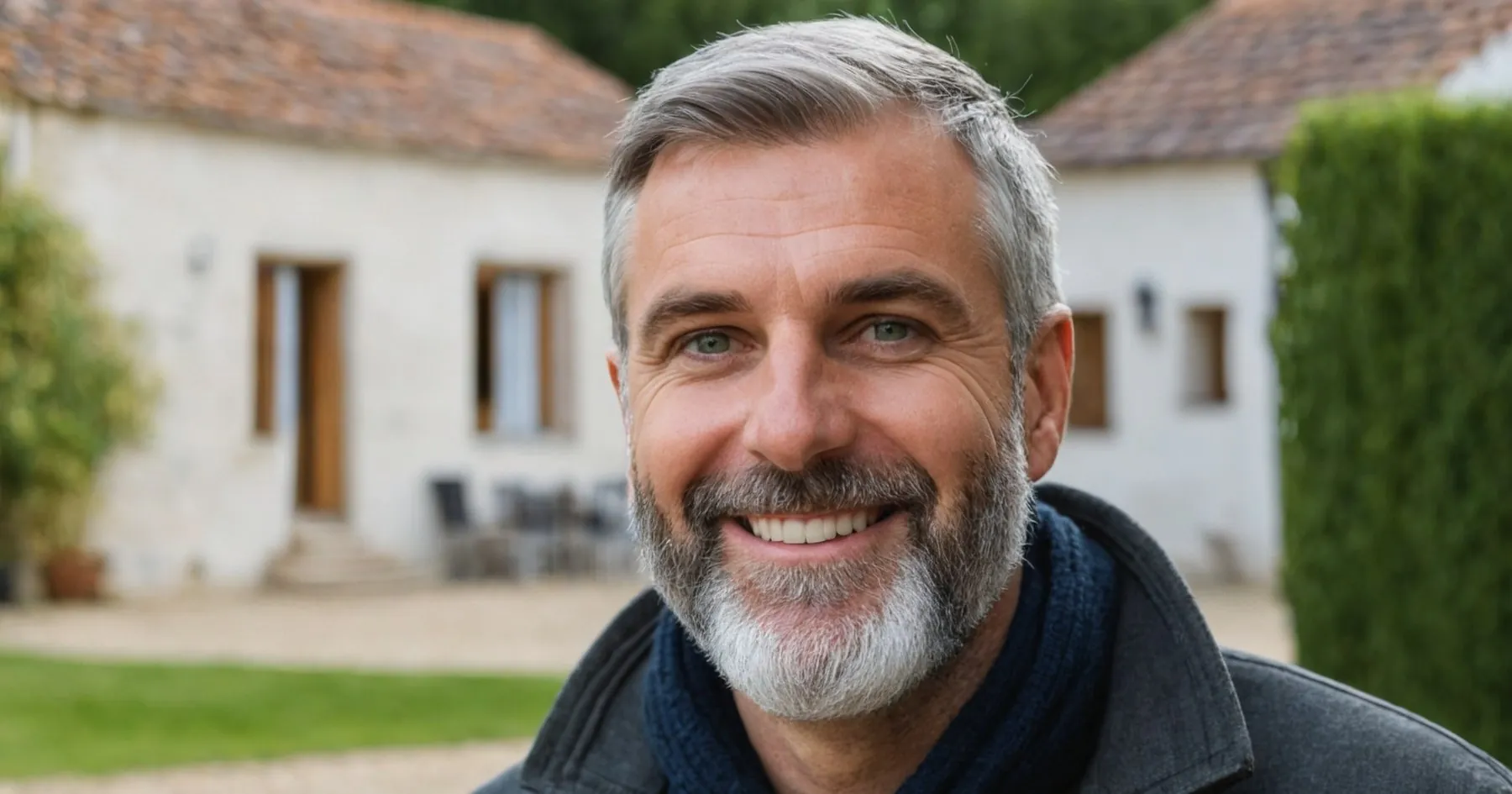 Un homme aux cheveux et à la barbe grisonnants souriant devant une maison en pierre à toit de tuiles