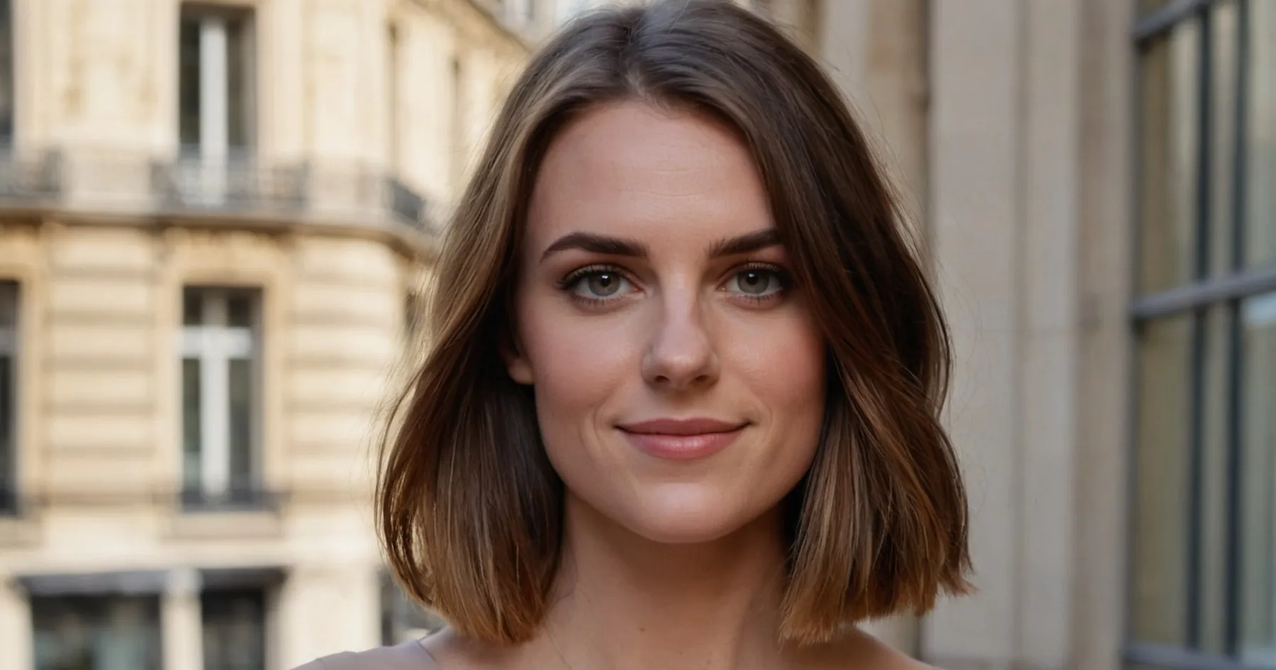 Une jeune femme brune au carré, sourire discret, devant un immeuble haussmannien de pierre claire