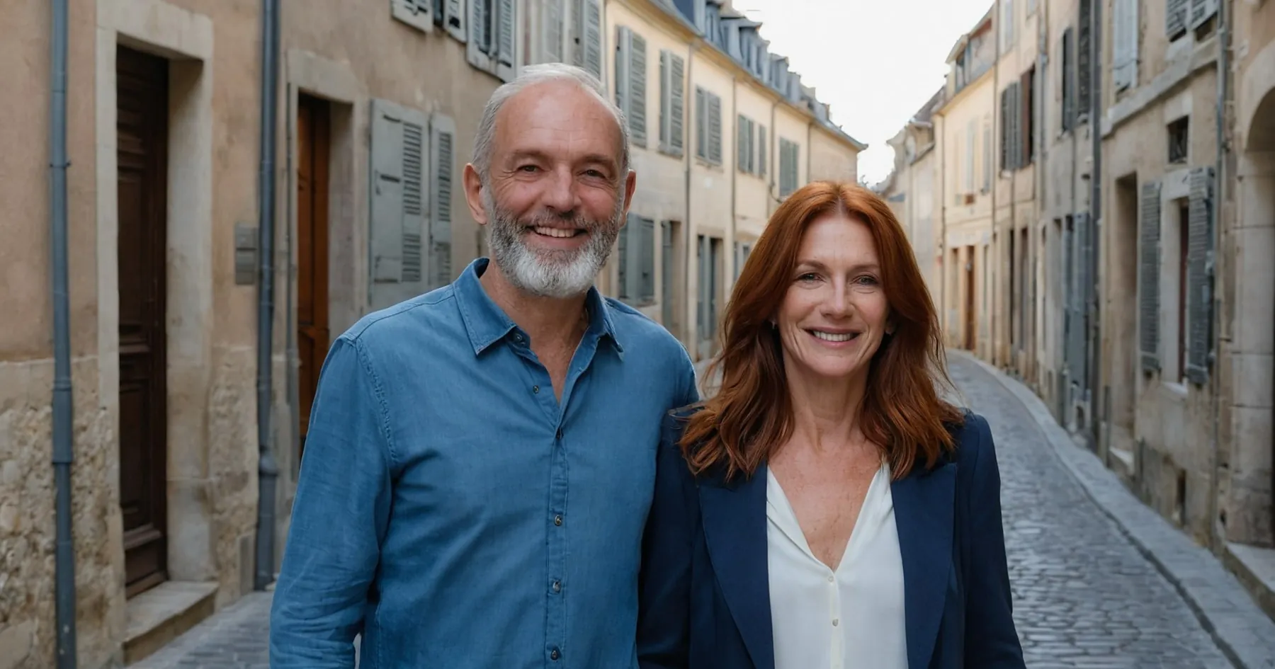 Un homme barbu et une femme rousse posent en souriant dans une ruelle pavée de vieilles façades