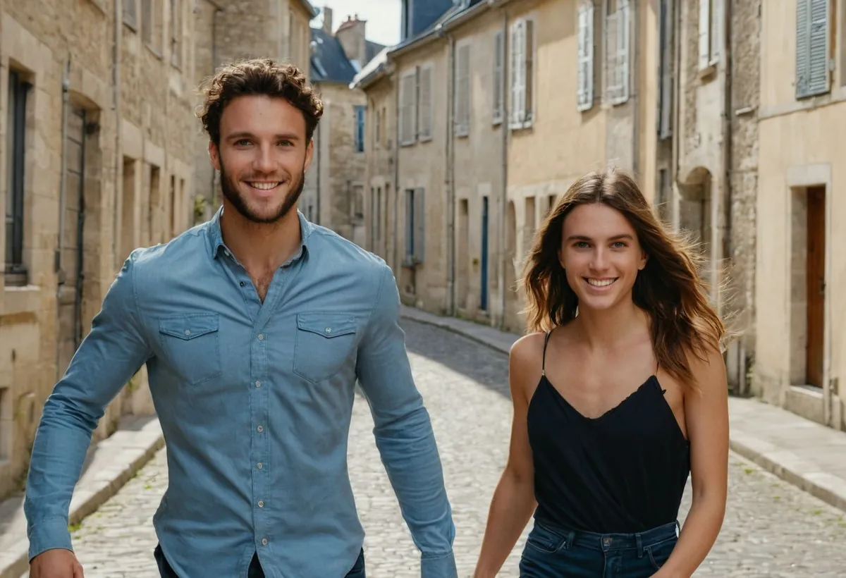 Un homme en chemise bleue et une femme en débardeur noir marchent en souriant dans une ruelle pavée à Angers