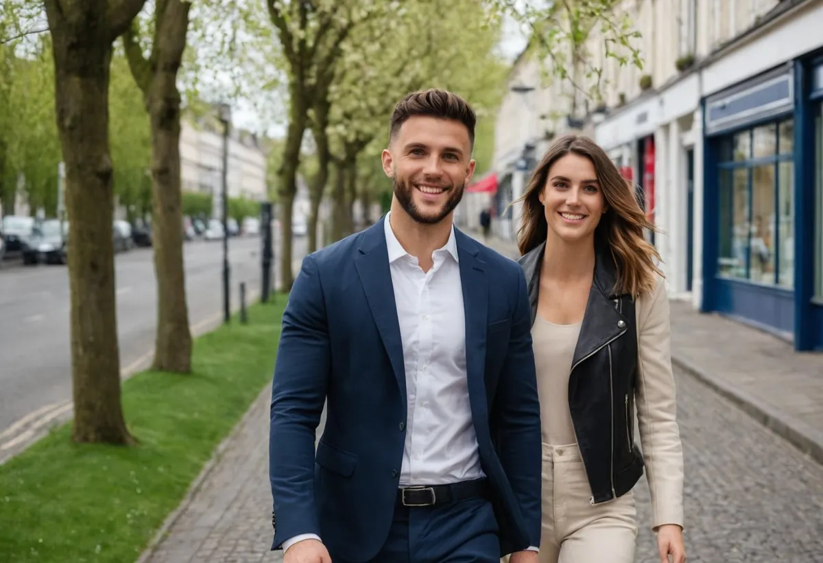Un homme en blazer bleu et une femme en veste de cuir sourient en marchant sur un trottoir arboré à Nantes