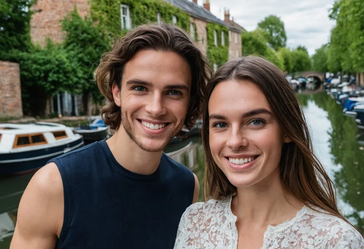 Un jeune homme et une jeune femme souriants au bord d'un canal, péniches et façades couvertes de lierre à Toulouse