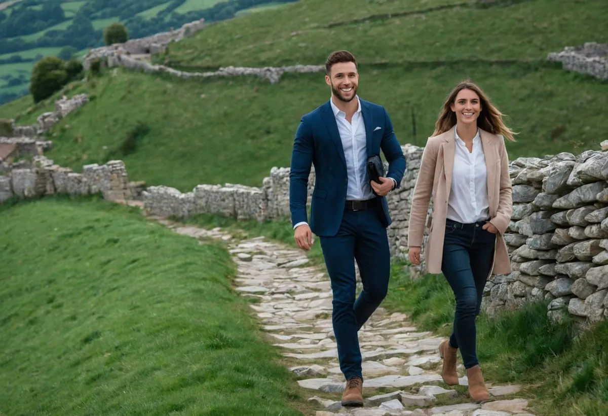 Un homme et une femme marchent en souriant sur un sentier de pierres plates entre des murets et des prés à Dijon