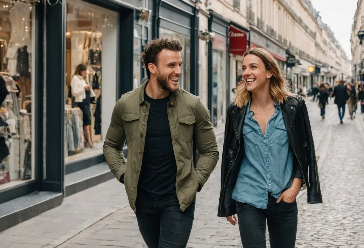 Un homme et une femme rient en se regardant dans une rue commerçante pavée, boutiques et passants à Nice