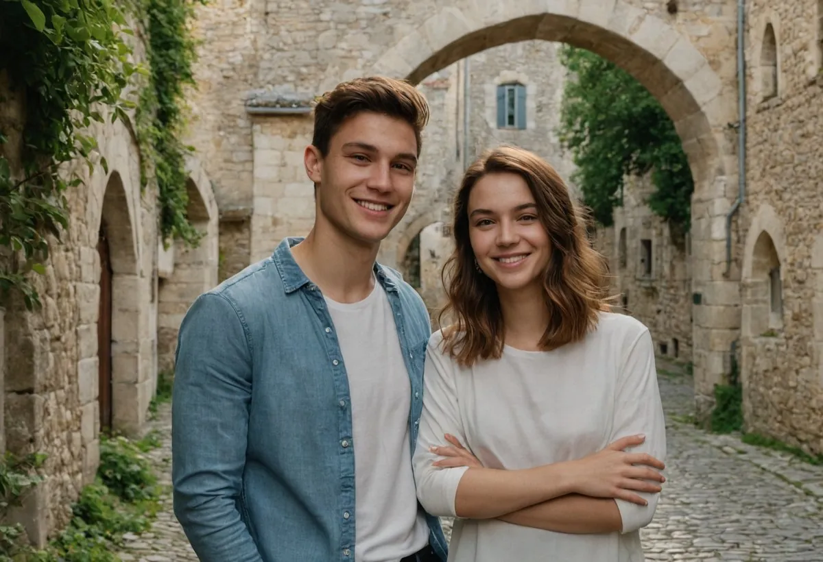 Un jeune couple souriant dans une ruelle ancienne sous une grande arche de pierre, la femme les bras croisés à Lille
