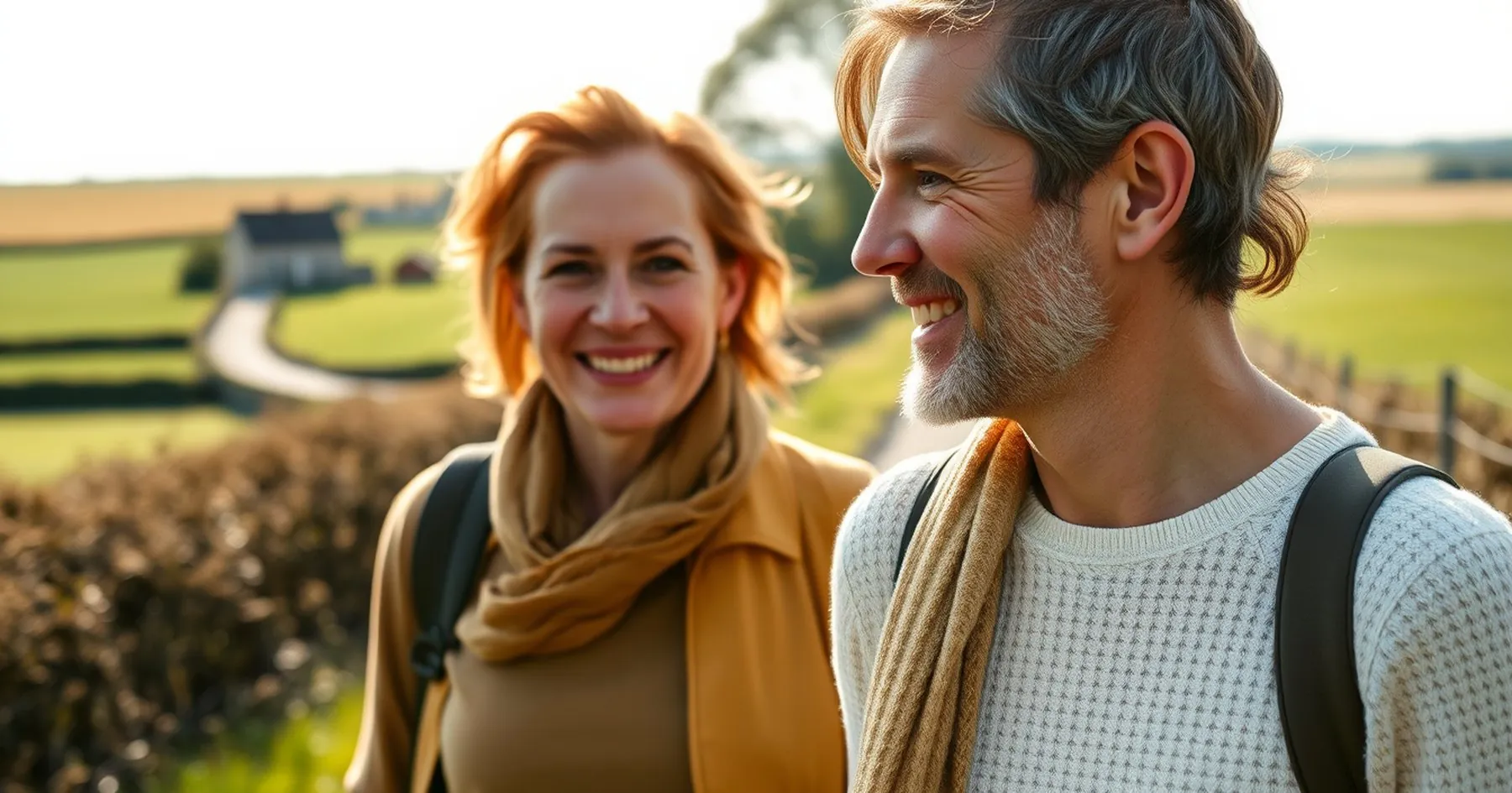 Un couple souriant se promène sur un chemin de campagne, champs et maison isolée en arrière-plan