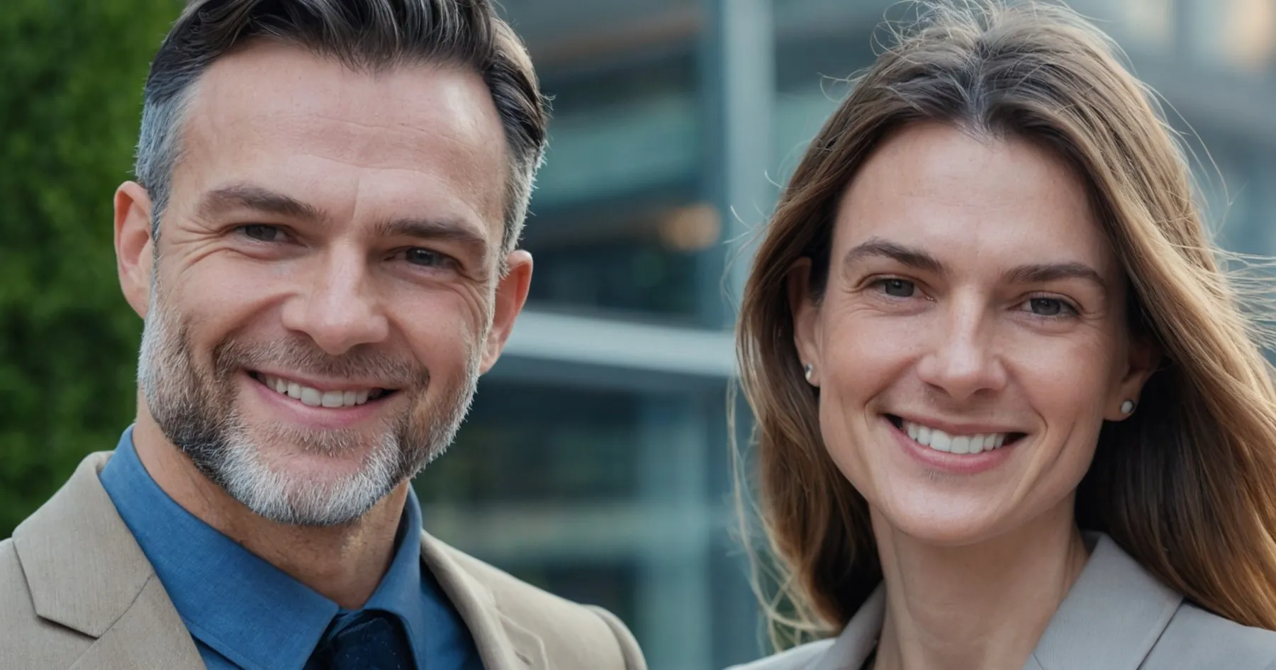Un homme et une femme souriants côte à côte devant un bâtiment moderne en verre