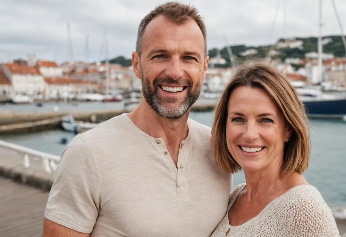Un couple d'âge mûr souriant sur un quai, voiliers amarrés et maisons aux toits rouges derrière eux à Nice