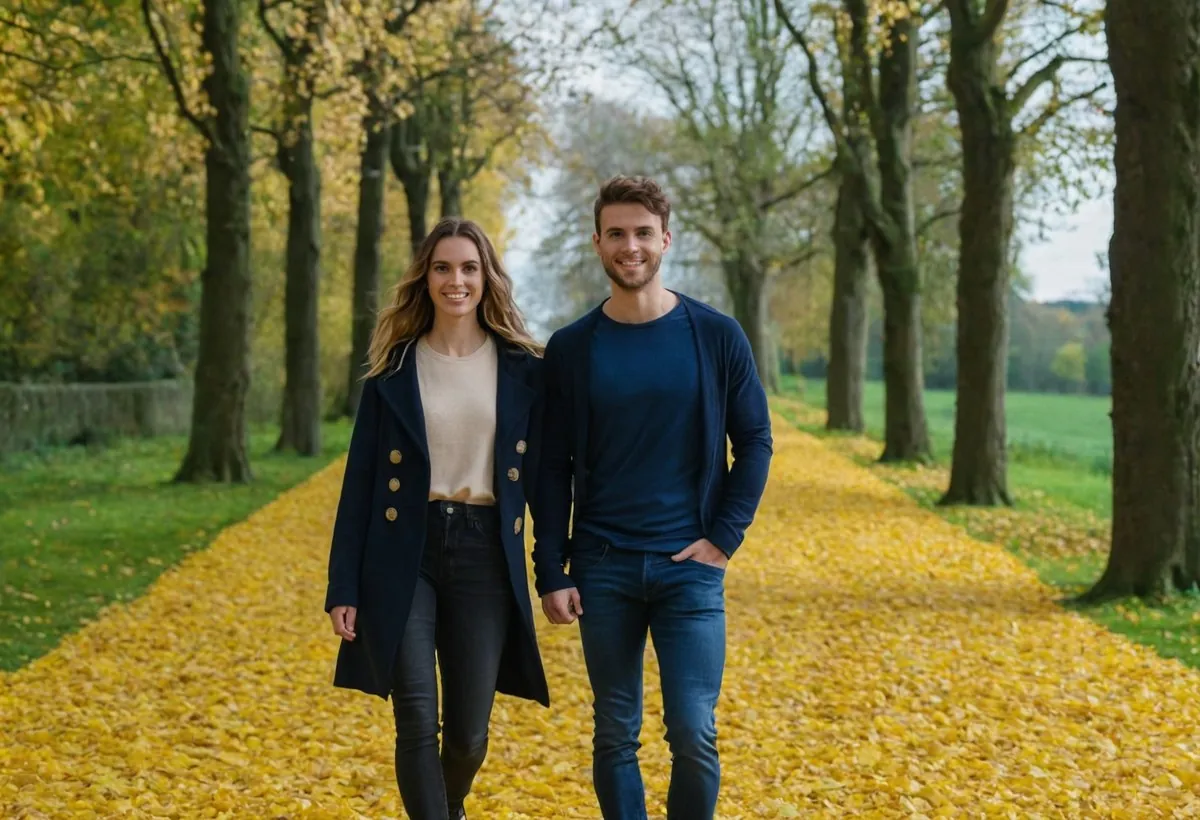 Un jeune homme et une jeune femme marchent en souriant sur une allée couverte de feuilles jaunes d'automne à Grenoble