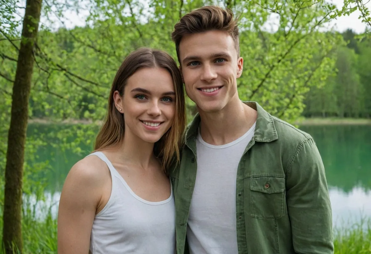Un jeune couple souriant au printemps devant un lac calme et des arbres au feuillage vert tendre à Nantes
