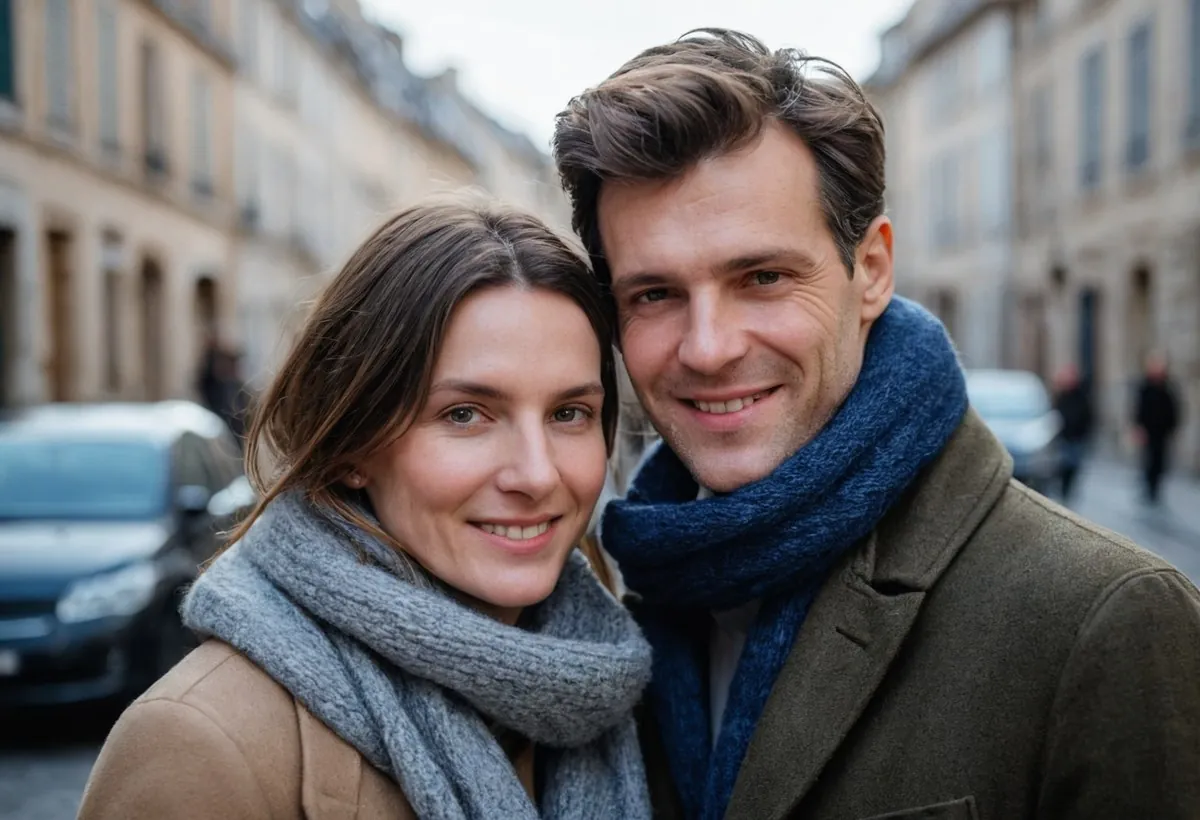Un couple souriant, écharpes grise et bleue autour du cou, dans une rue pavée un jour d'hiver