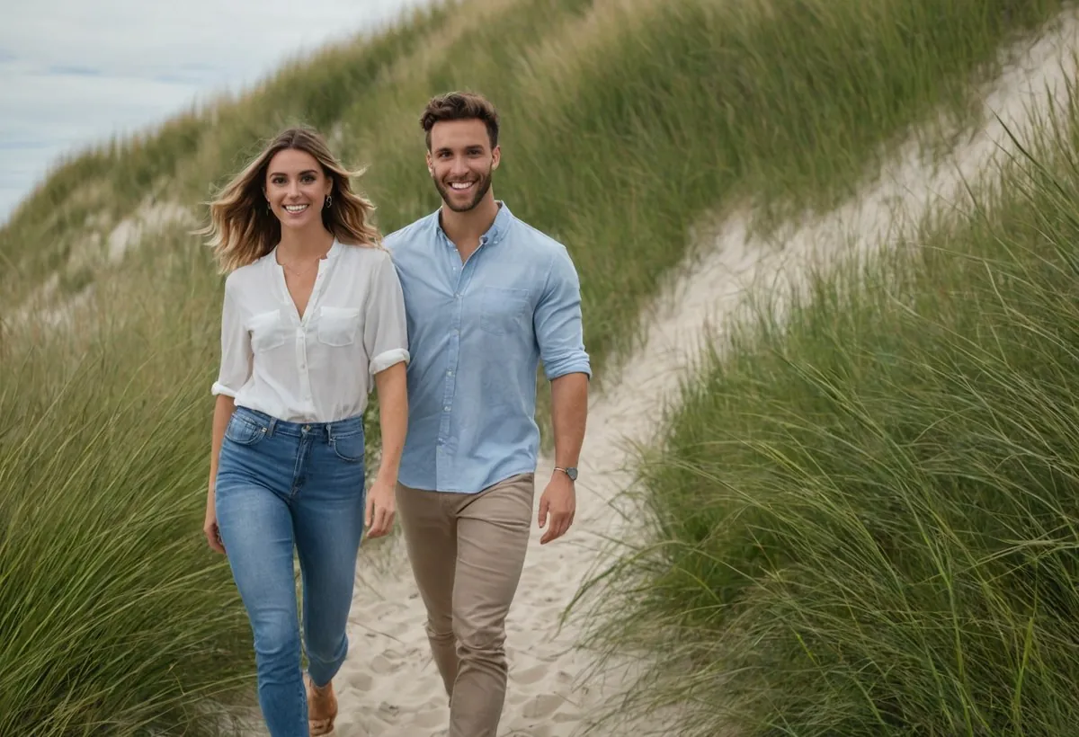 Un jeune couple marche en souriant sur un sentier de sable entre des dunes couvertes d'herbes à Lille