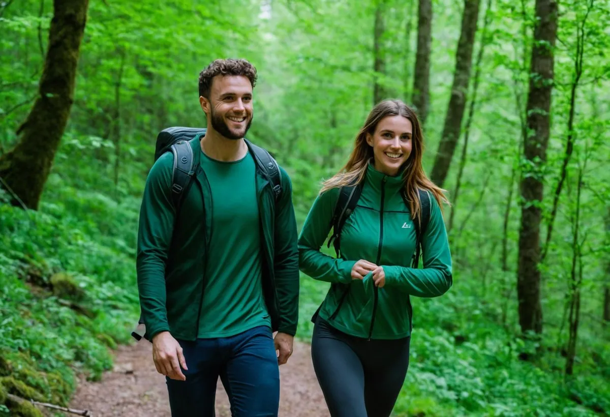 Un homme barbu et une femme en tenue de randonnée verte marchent en souriant sur un sentier de forêt à Paris
