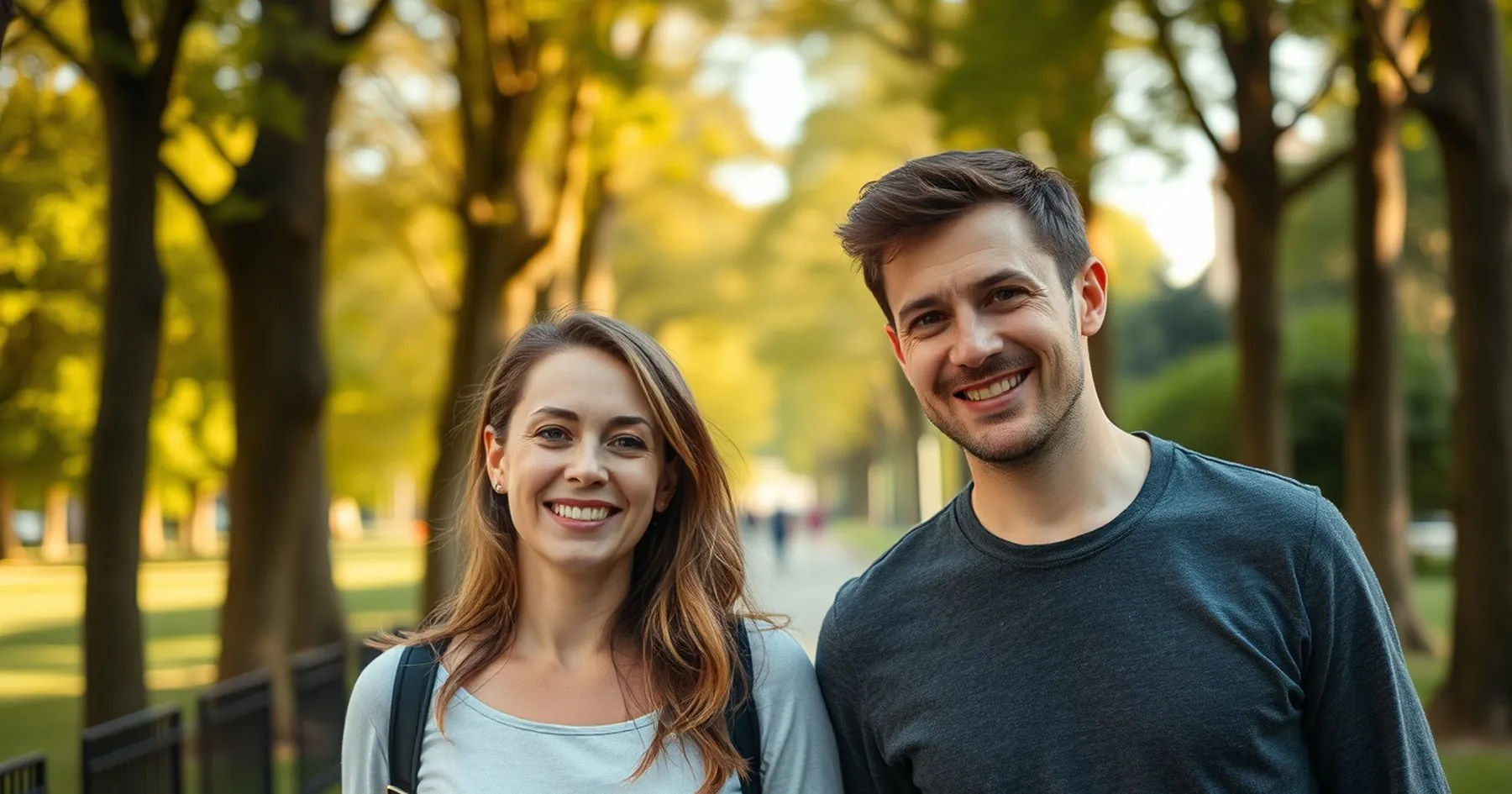 Un couple pose en souriant dans une allée d'arbres d'un parc à la lumière dorée
