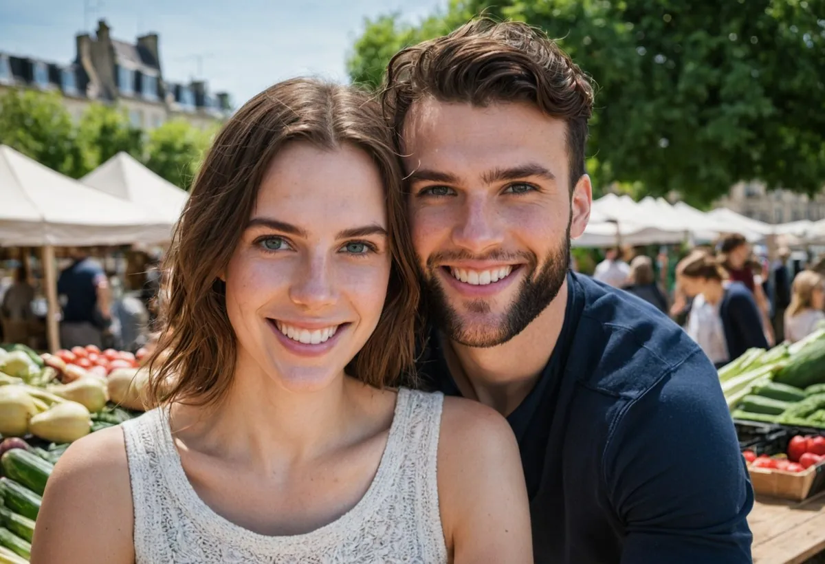 Un jeune couple tête contre tête, souriant devant les étals de légumes d'un marché en plein soleil à Nice