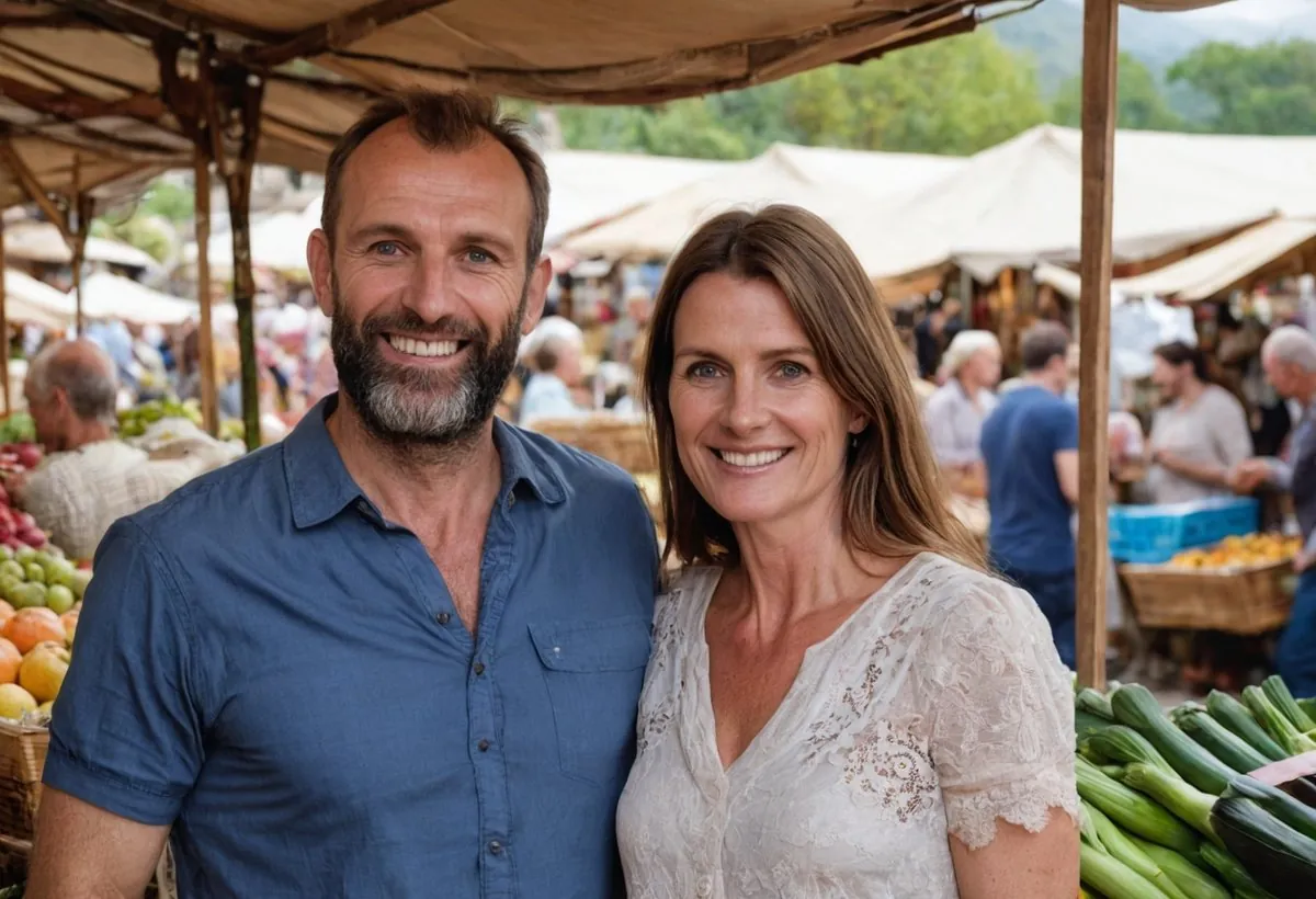 Un couple d'âge mûr souriant sous l'auvent d'un marché animé, courgettes et fruits sur les étals au Mans