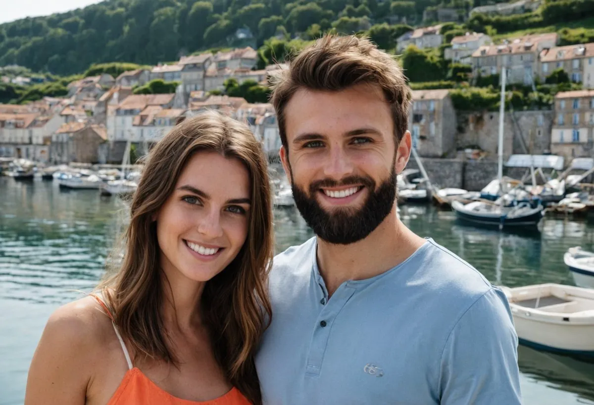 Un jeune couple souriant devant un petit port, bateaux amarrés et maisons de pierre sur la colline à Angers