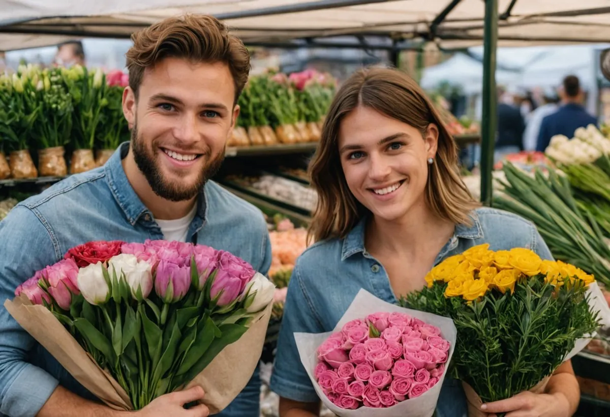 Un jeune homme barbu et une jeune femme sourient, chacun un bouquet de fleurs dans les bras, sur un marché à Lille
