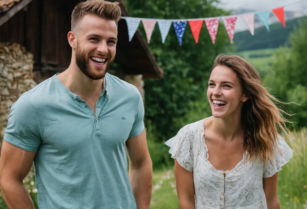 Un homme et une femme éclatent de rire devant une grange en pierre, avec des fanions colorés au-dessus d'eux à Dijon