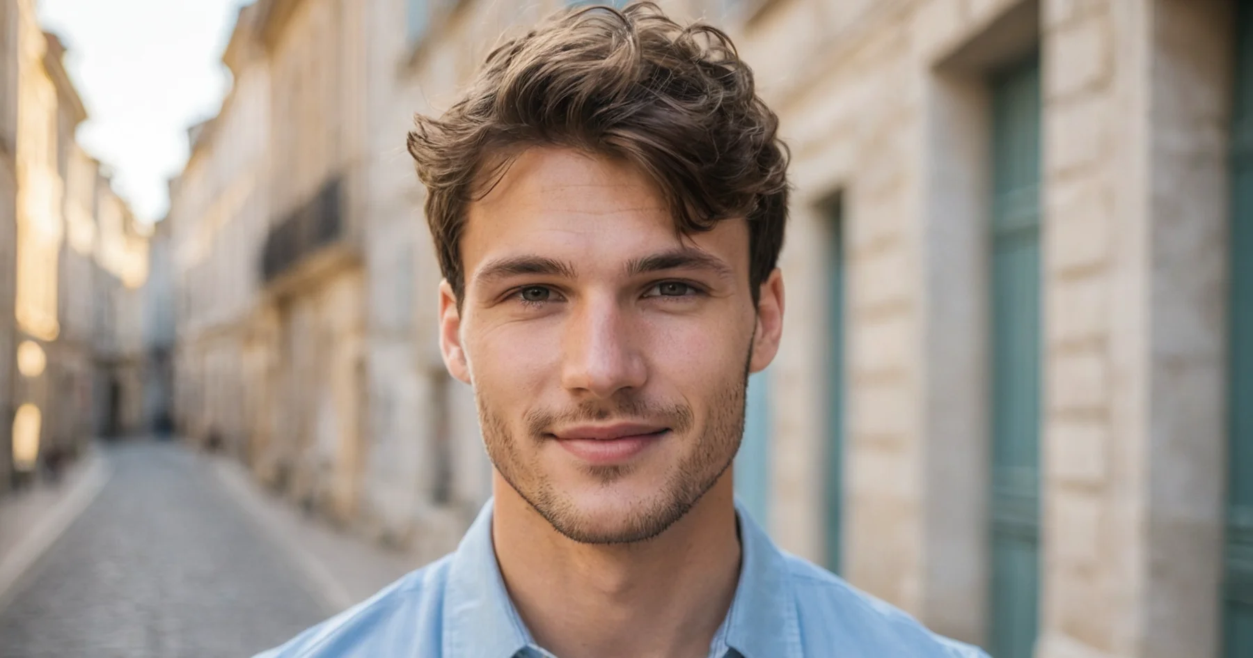 Un jeune homme souriant, cheveux bruns, dans une rue pavée bordée de façades claires