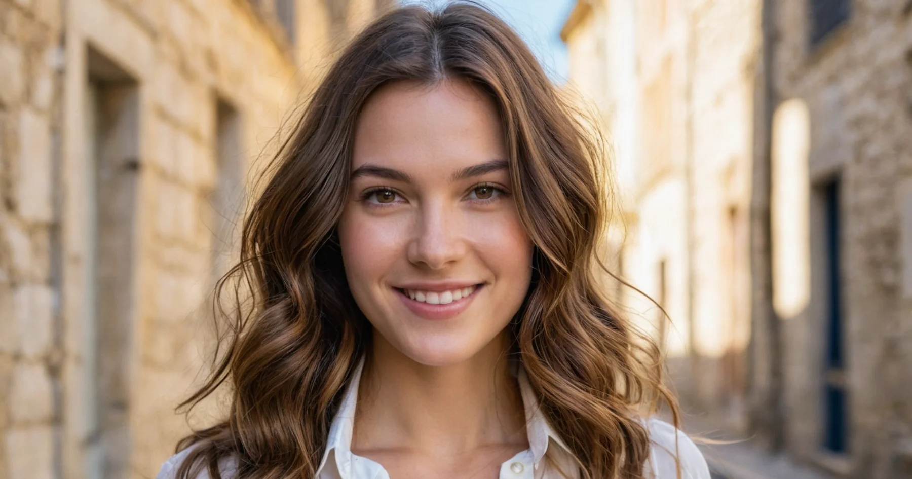 Une jeune femme aux longs cheveux ondulés qui sourit dans une ruelle de pierre ensoleillée