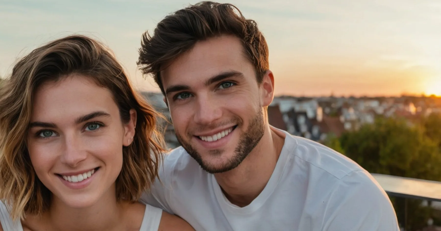 Un couple souriant sur une terrasse au coucher du soleil