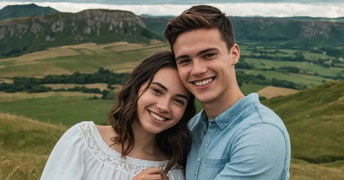 Un jeune couple souriant, tête contre tête, sur une colline herbeuse face à un paysage de montagne