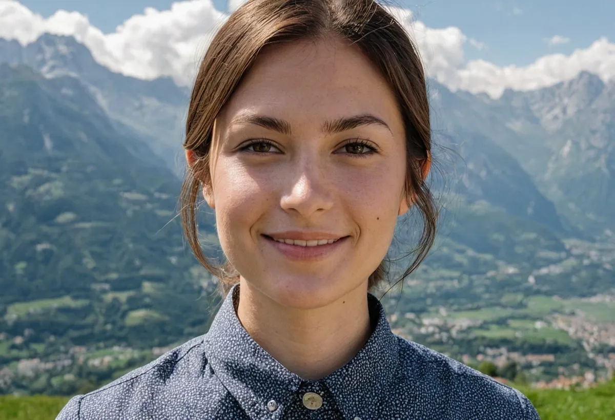 Une jeune femme aux cheveux attachés, sourire discret, devant une vallée de montagne ensoleillée