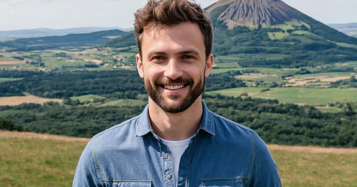 Un homme barbu qui sourit sur une colline herbeuse, un volcan éteint et des prairies derrière lui