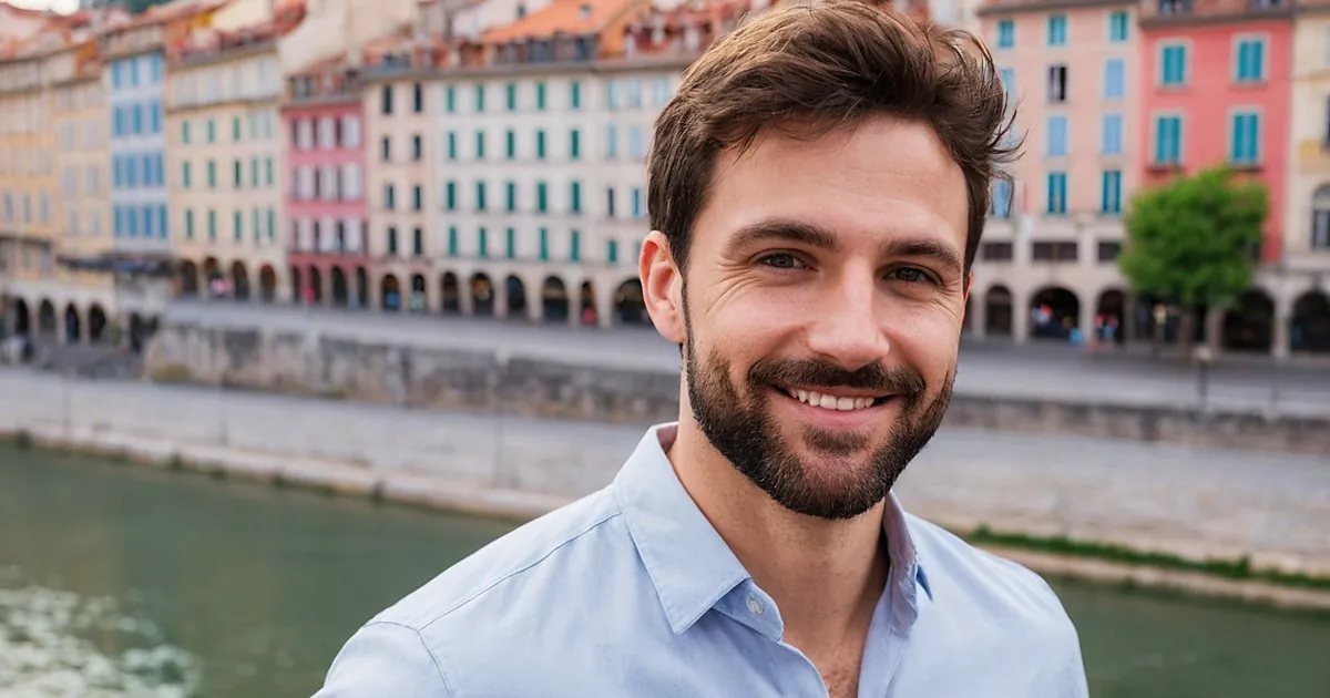 Un homme barbu en chemise bleue qui sourit au bord d'une rivière devant des façades colorées